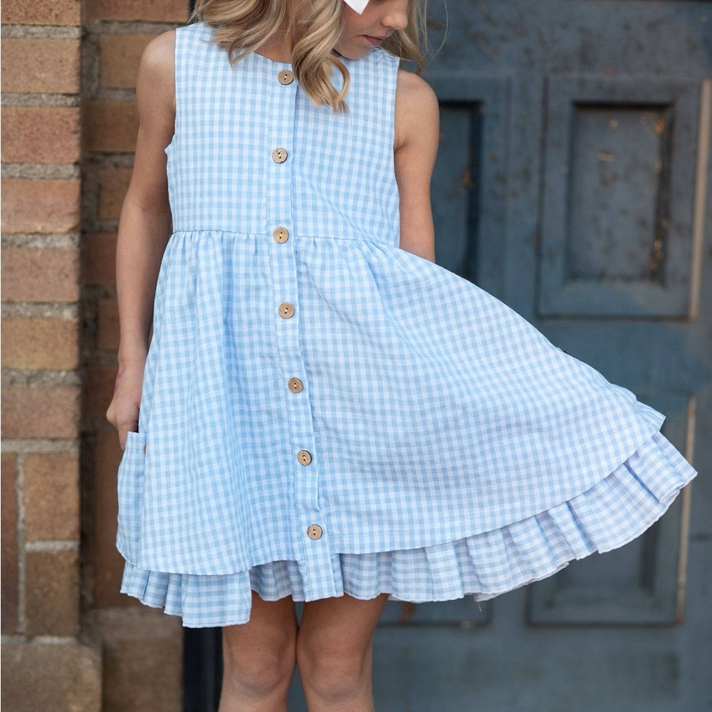 Blue Gingham Sleeveless Kids Dress